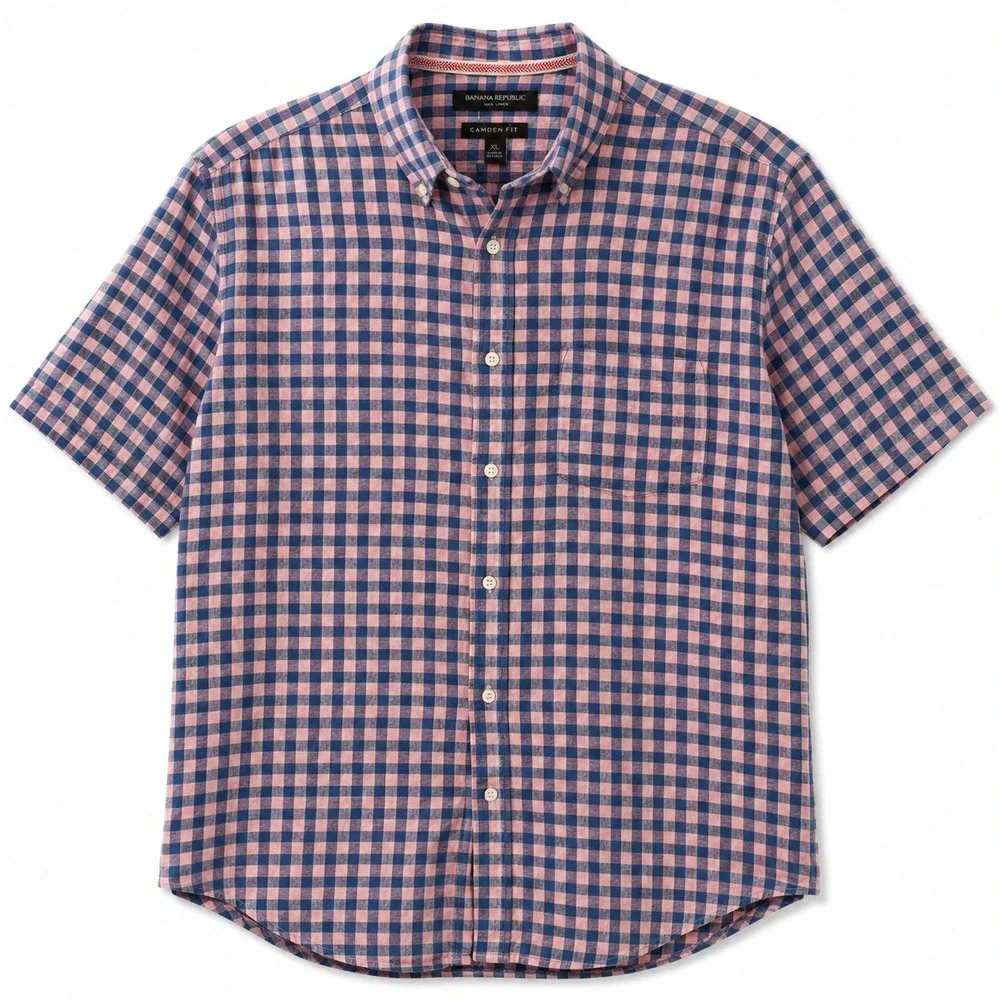 Banana Republic Camden Fit‎ 100% Linen Pink Blue Gingham Plaid Button Shirt XL